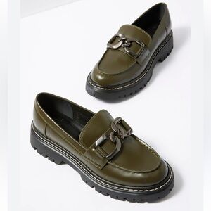 Marc Fisher Trisca Loafers, Olive Green, Leather, Metal Accent, Lug Sole, Sz. 6M